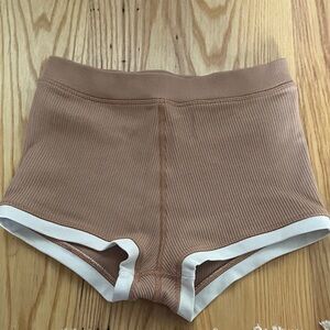 aerie Ribbed High-Rise Athletic Shorts in Tan with White Trim